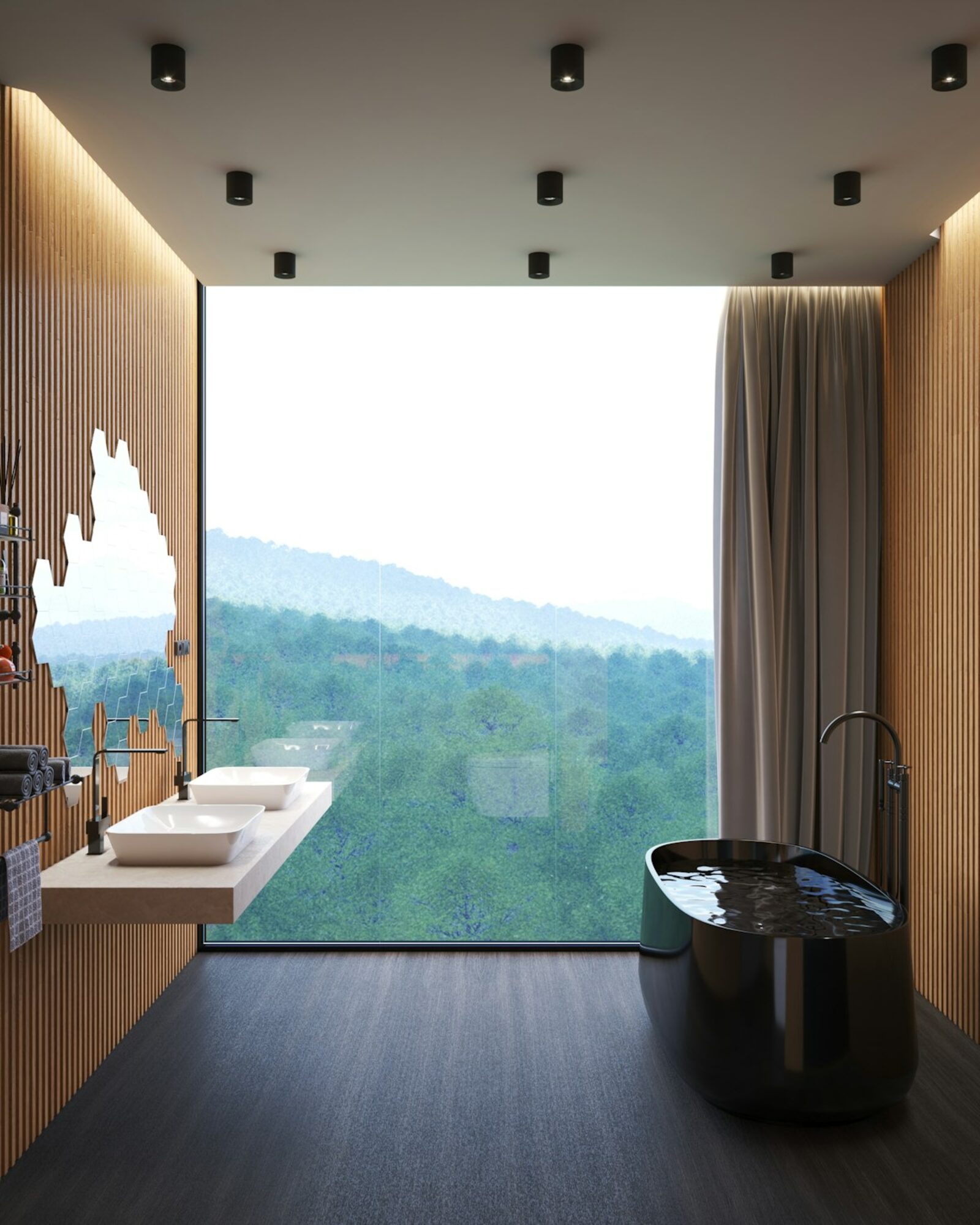 Modern villa bathroom in Bali with a freestanding tub and timber screen